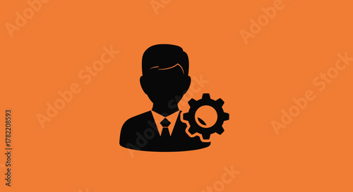 Silhouette of a businessman with a gear icon, representing management, operations, and technical support, perfect for business and technology concepts, presented in a clean, modern vector graphic