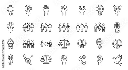 Collection of thin line icons representing gender equality, feminism, solidarity, and peace, suitable for web, apps, banners, and infographics, featuring symbols like the Venus symbol, raised fists