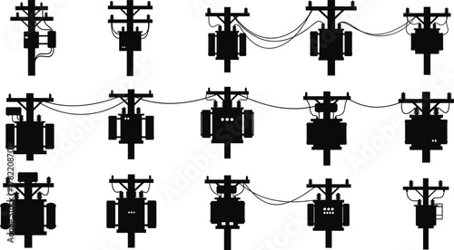 Utility pole silhouettes with transformers, insulators, crossarms, diverse electrical wiring configurations, multiple pole designs, energy distribution, electricity grid system, flat vector