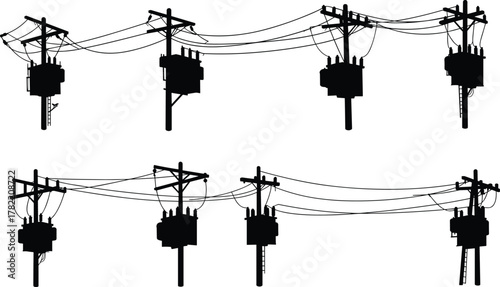 Utility pole silhouettes with transformers, electrical power lines, distribution grid infrastructure, industrial energy design illustration, technical system, urban electrification, flat vector