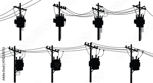 Utility pole silhouettes with transformers, electrical power lines, distribution infrastructure, energy grid system, industrial design illustration, technical engineering, flat vector