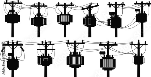 Utility pole silhouettes with transformers, insulators, crossarms, diverse electrical configurations, transmission tower, power lines, energy distribution , electricity grid system, flat vector