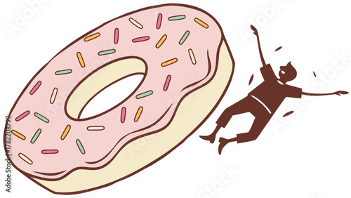 Donut Overload: A whimsical depiction of a person hilariously being overwhelmed by a giant donut, this vibrant image conveys a playful take on overindulgence.