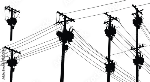 Utility pole silhouettes with transformers, insulators, crossarms, overhead electrical wires, voltage distribution systems, energy infrastructure illustration, urban power grid design, flat vector