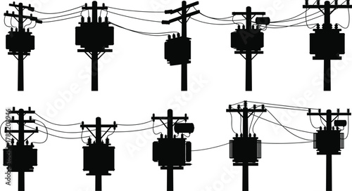 Utility pole silhouettes with transformers, insulators, crossarms, electrical wiring, voltage distribution systems, energy infrastructure illustration, urban power grid design, flat vector