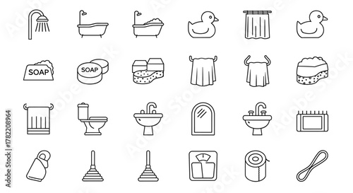 A comprehensive collection of line icons representing essential bathroom elements, including showers, bathtubs, sinks, toilets, soap, towels, mirrors, rubber ducks, and bathroom scales, perfect for