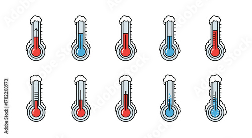 Collection of ten stylized thermometers with snow accents, displaying various temperature readings from freezing cold to hot, rendered in a clean, linear vector cartoon style on a white background