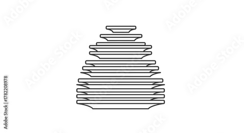 A modern outline style icon featuring a tall stack of plates, neatly arranged in a pyramid shape, perfect for design elements on cards, apps, and social networks. This vector cartoon illustration on