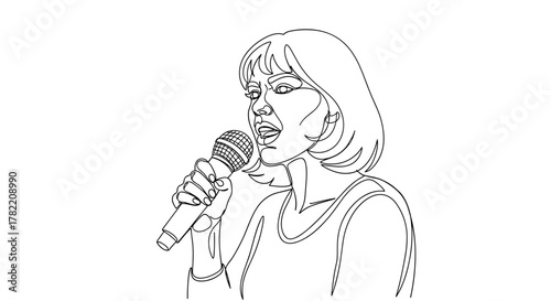 Dynamic single-line drawing captures a woman passionately singing into a microphone, her expressive face and flowing hair rendered with continuous, unbroken lines, perfect for music, performance, and