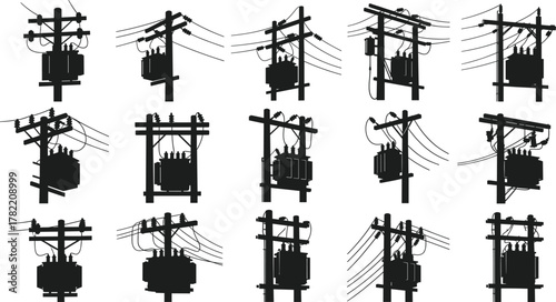 Utility pole silhouettes with transformers, insulators, crossarms, tangled power lines, electrical distribution network illustration, voltage infrastructure design, energy supply system, flat vector