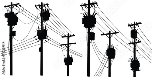 Utility pole silhouettes with transformers, insulators, electrical wires, distribution systems, voltage infrastructure illustration, tangled power lines, urban energy grid, flat vector