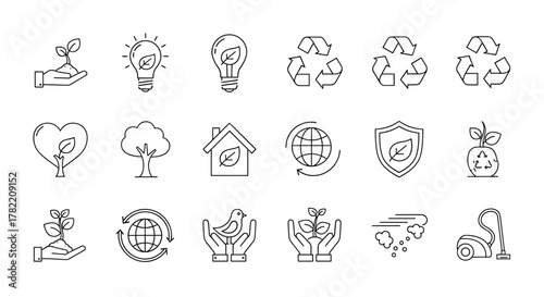 Vector illustration of a web line icon collection showcasing environmental themes, sustainability, green energy, recycling, conservation, eco-living, and nature. This set includes icons for planting