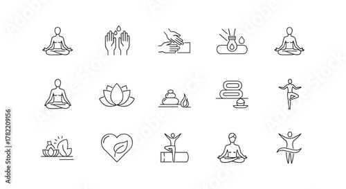 A collection of thin line icons representing wellness, relaxation, massage, yoga, spa, meditation, health, and wellbeing, with editable strokes, presented as a vector graphic on a white background