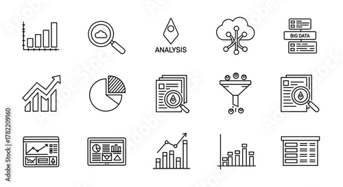 A comprehensive set of line-style web icons designed for data analysis, featuring diverse visuals like bar charts, pie charts, magnifying glasses examining documents and clouds, a funnel for data