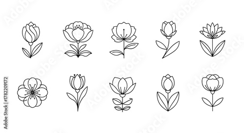 Set of ten minimalist line art flower illustrations on a white background, featuring a variety of abstract floral designs, perfect for logos, icons, and decorative elements, offering a clean and