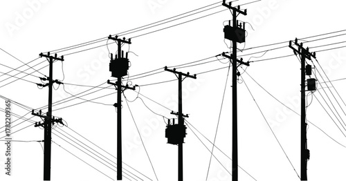 Utility poles with transformers, power lines network, electricity distribution system, silhouette illustration, urban energy infrastructure, electric grid design, flat vector