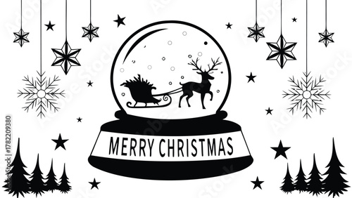 Whimsical black and white christmas snow globe scene with reindeer sleigh and festive decorations