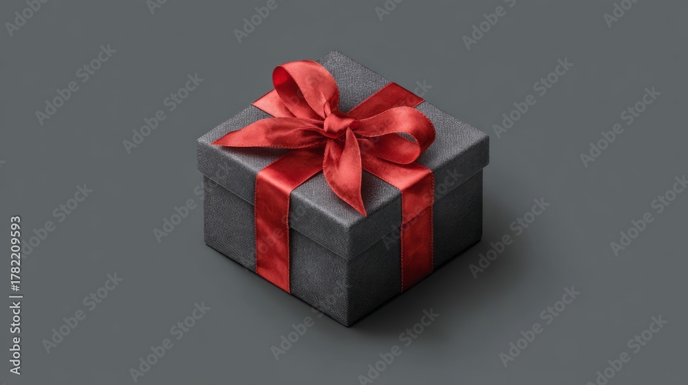 Obraz premium Elegant grey gift box with red ribbon bow on minimal grey background, festive holiday present decoration for christmas, celebrations, and modern seasonal design themes