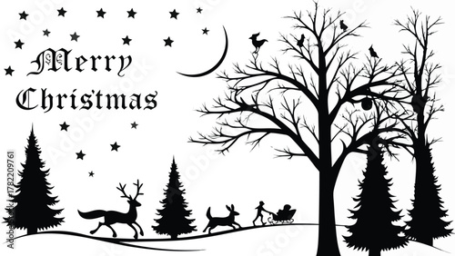Merry christmas silhouette scene with reindeer sleigh trees moon stars and birds on branches