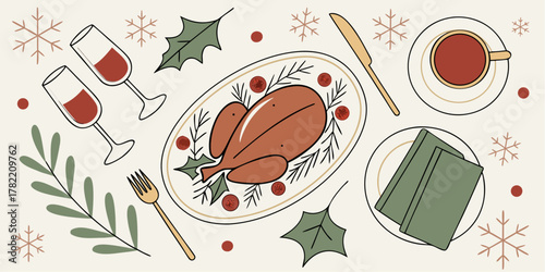 Festive thanksgiving dinner with turkey, wine, and holiday decorations spread out