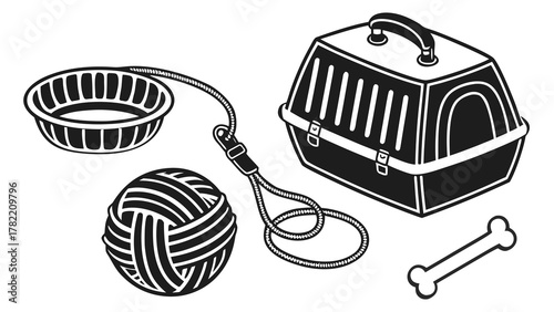 Pet Essentials: A collection of pet accessories, including a carrier, food bowl, leash, bone, and a toy, essential for every animal's well-being and daily enjoyment.
