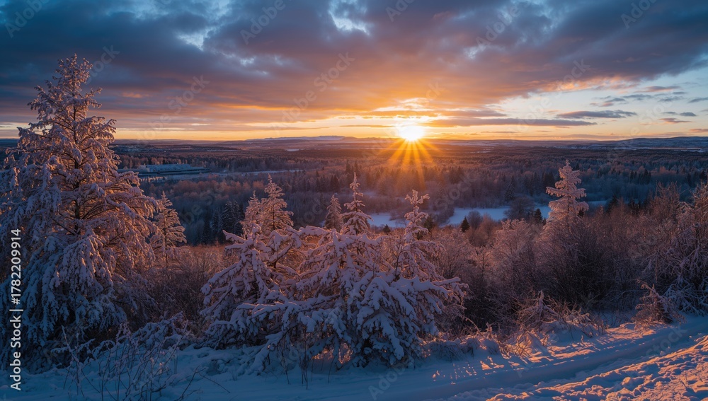 Naklejka premium Evening landscape illuminated by sunlight, showcasing seasonal change