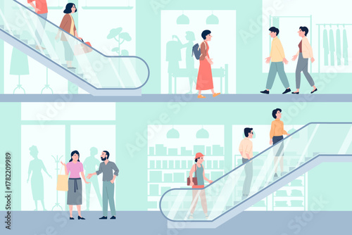 People on escalator. Adults in shopping mall moving up and down. Clothes stores, shop different things. People relaxing in weekend, recent vector scene