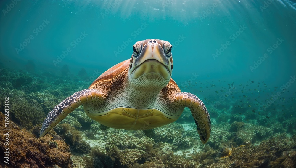 Obraz premium Green sea turtle swimming gracefully, highlighting marine biodiversity