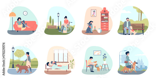 Assistance dogs. Guide dog, support and helping pets with owners and patients. Esa puppy companions. Animals with adults and kids, recent vector scenes