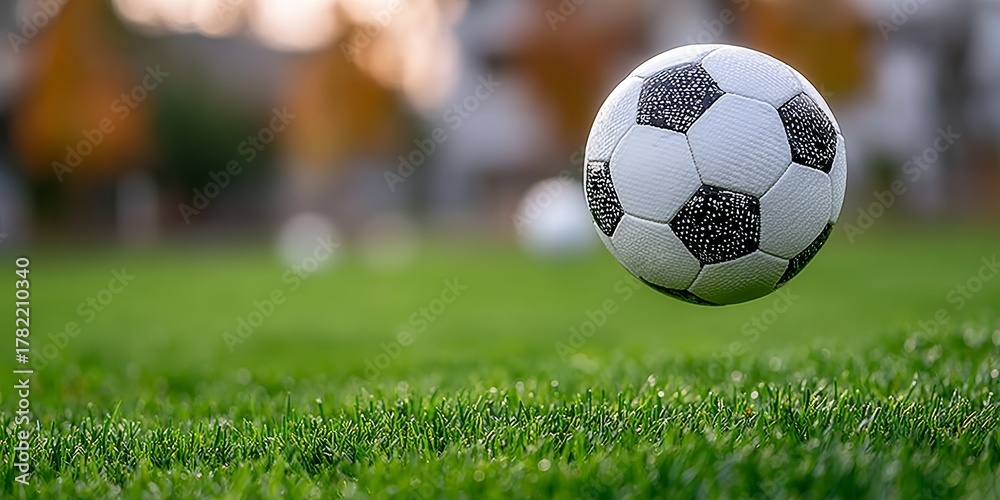 Fototapeta premium Dynamic Soccer Action on Lush Green Grass, White Ball in Play, Capturing the Spirit of the Game