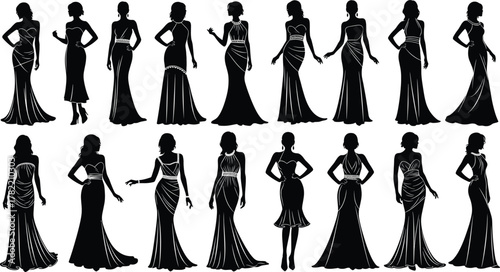 Silhouette women standing, elegant gown poses, black outline figures, formal fashion styles, dress diversity, minimal vector design, stylish posture concept