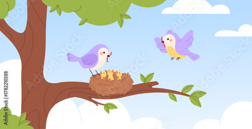 Bird nest on tree. Birds feeding chicks in nest, forest or garden. Raising babies in wild animal family. Flying characters and nest, racy vector illustration