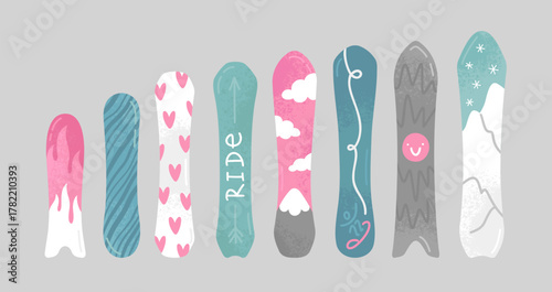 Winter illustrations of snowboards. Different shape, size and colours boards for snowboarding. Vector design elements. Winter sport equipment