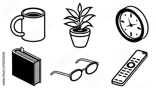 Black and White Isometric Objects: An array of everyday objects artfully arranged in a monochromatic isometric composition. Offering a clean and minimalist aesthetic for various design applications.