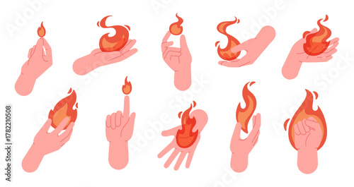 Hot fires in hands. Human hand holding burning flames. Flammable elements in arm, magic fantasy fire tale. Wizards fireballs, magical racy vector clipart