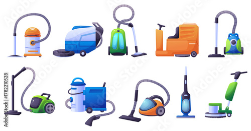 Cartoon floor clean tools. Vacuum cleaners for dry and wet house or office clean. Professional cleaning service tool, industrial cleaners devices, nowaday vector clipart