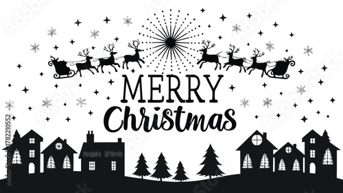 Merry christmas greeting with santa claus sleigh and reindeer flying over a silhouette village and snow falling