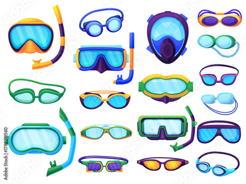 Swimming goggles and masks. Diving snorkeling mask, glasses for swim in pool sea ocean. Underwater accessories for children, adults, scuba tools, nowaday vector clipart