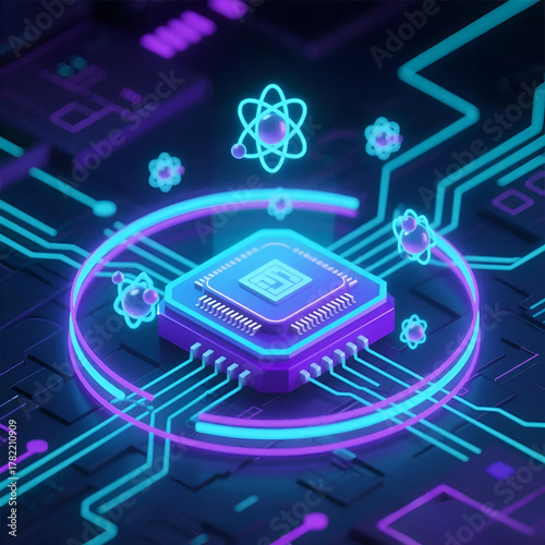 Electronic Circuit Board Quantum Computing Processor Microchip With Atom Energy Vector Illustration