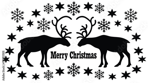 Silhouette of two reindeer facing each other with merry christmas text and surrounded by snowflakes and stars