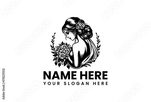 Elegant bride with a rose bouquet logo illustration. Vintage beauty and wedding vector design template 104.eps