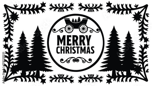 Festive merry christmas silhouette design featuring evergreen trees and a horse drawn carriage illustration