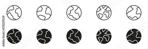 Earth Globe Line And Solid Icon Set. Global Connectivity, Geography, And World Map Outline And Silhouette Symbol Collection. Planetary Representation. Isolated Vector Illustration