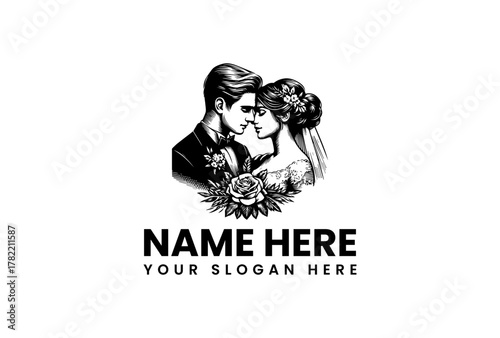 Elegant Wedding Couple Portrait Logo Design for Bridal Services and Romantic Event Branding Illustration