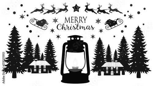 Black silhouette merry christmas scene with santa sleigh reindeer lantern trees and houses