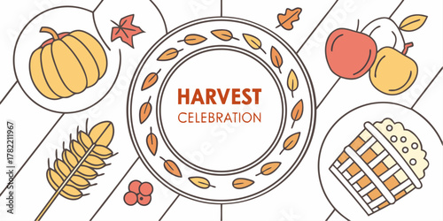 Illustration of harvest celebration with pumpkin apple pear wheat and popcorn basket