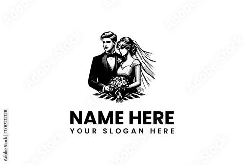 Elegant Wedding Logo Design Featuring a Bride and Groom, Perfect for Invitations and Branding