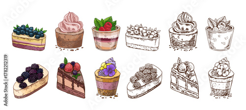 Tasty Creamy Sweet Dessert. Vintage Vector Monochrome Illustration. Hand drawn sketch of Delicious Cake With  blueberries.  Design Gastronomy Product element.