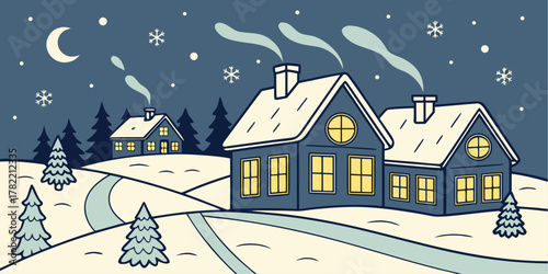 Illustration of winter houses with snow, trees, moon and snowflakes at night