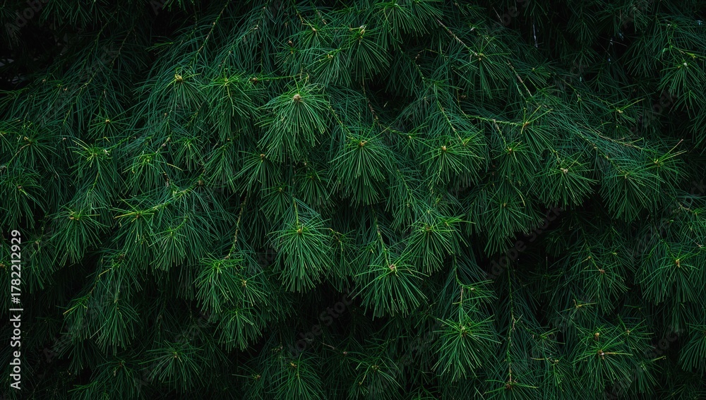 Fototapeta premium Close-up of cedar tree fans showcasing new growth against a dark backdrop, highlighting seasonal change